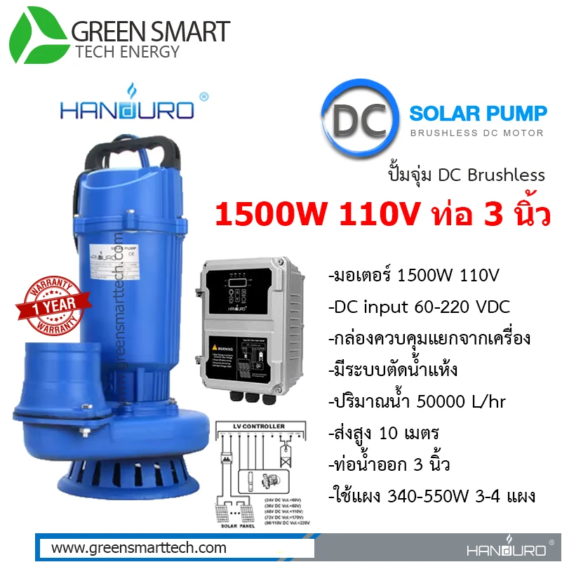ปั้มจุ่ม Handuro DC Brushless 1500W ท่อ 3 นิ้ว